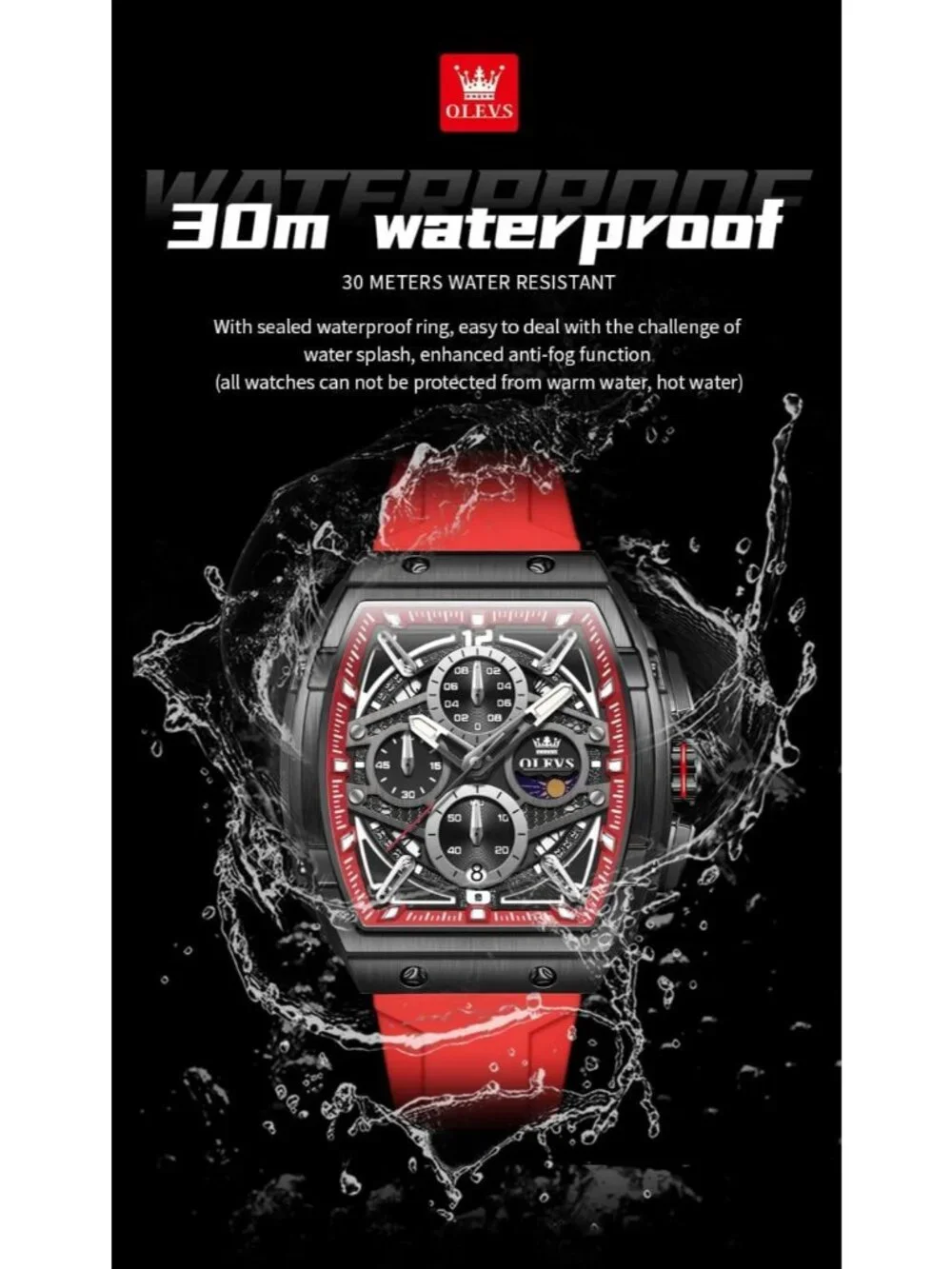 Men's Red Chronograph Big Square Analog Silicone Strap Waterproof Wrist Watch